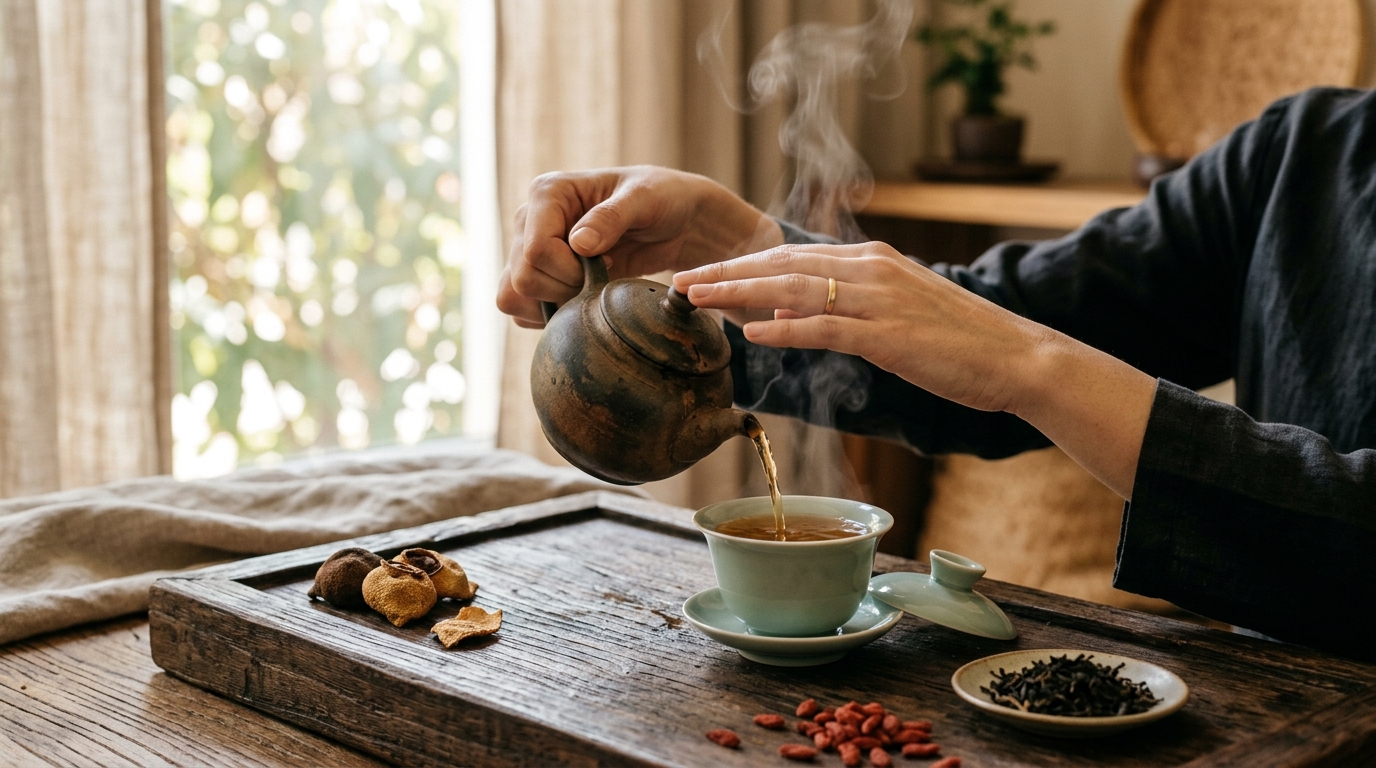 Nghi thức pha trà dưỡng sinh thủ công với ấm gốm và chén men ngọc